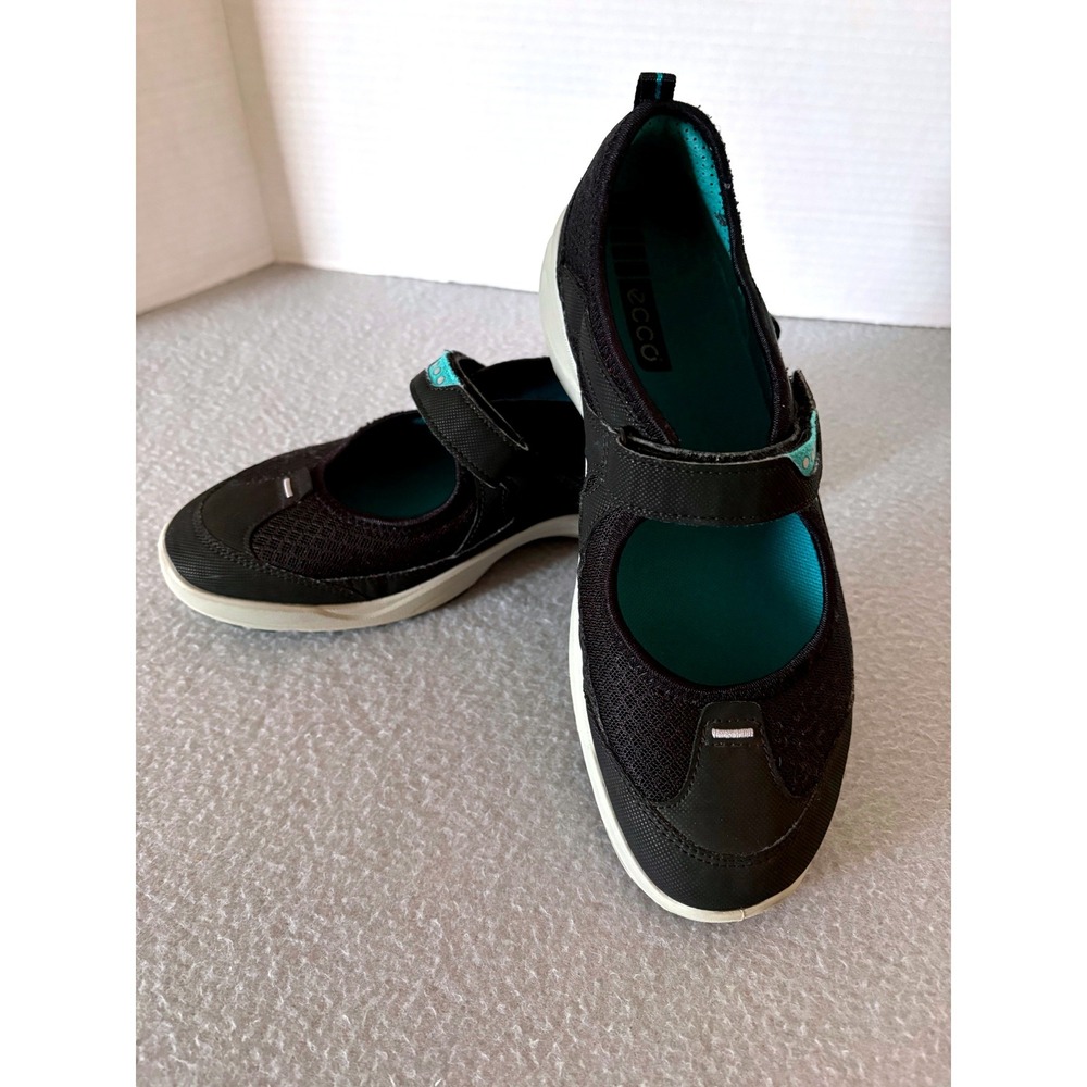 ECCO Womens Mary Jane Sneakers Size 37 Black Teal Mesh Strap Walking Shoes